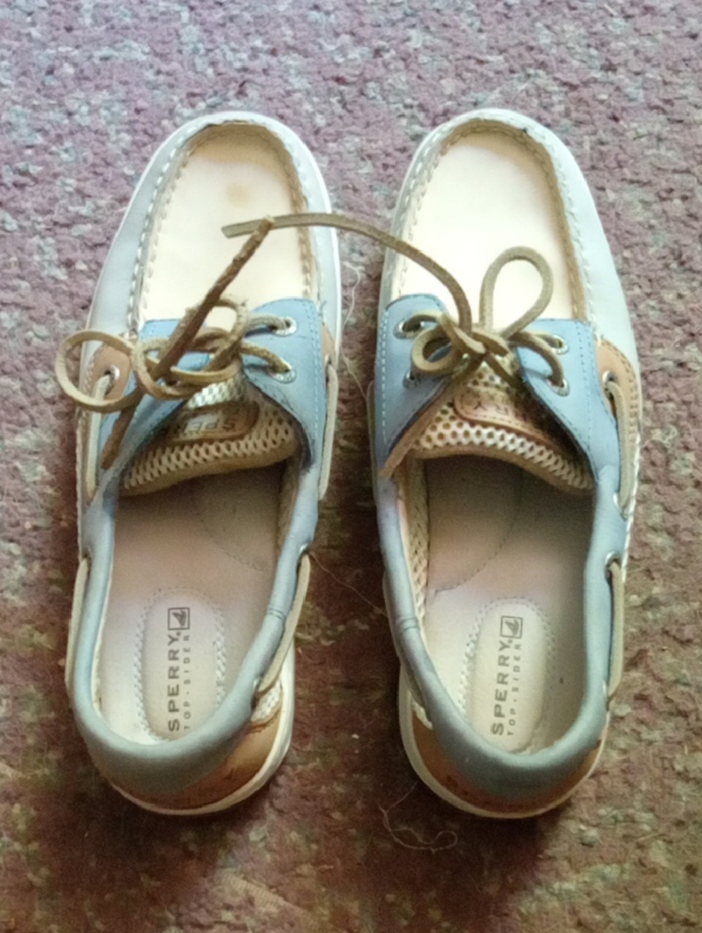 Sperry Two-Tone Boat Shoes in Light Blue, Tan and White